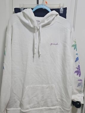PINK White Hoodie with Pastel Palm Sleeve Print